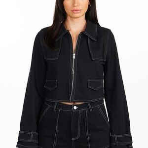 Pretty Damage Real Intentions Denim Jacket with lime green stitching size S.